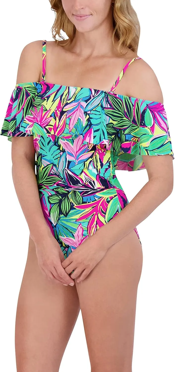 Caribbean Joe Women's Off The Shoulder One Piece Swimsuit Tummy Control Quick Dry Removable Cup Adjustable Strap Bathing Suit