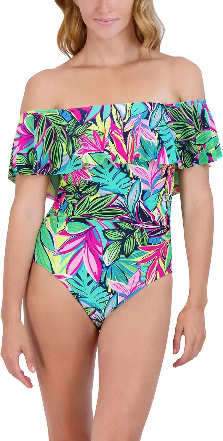 Caribbean Joe Women's Off The Shoulder One Piece Swimsuit Tummy Control Quick Dry Removable Cup Adjustable Strap Bathing Suit