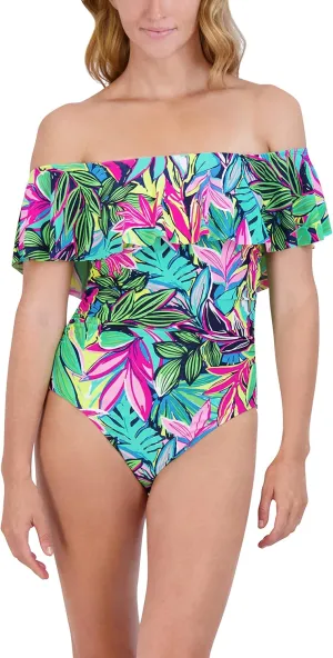 Caribbean Joe Women's Off The Shoulder One Piece Swimsuit Tummy Control Quick Dry Removable Cup Adjustable Strap Bathing Suit