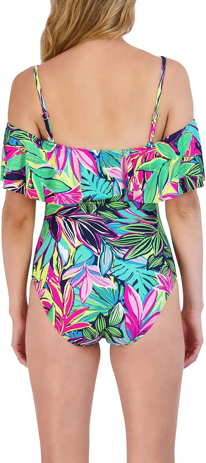 Caribbean Joe Women's Off The Shoulder One Piece Swimsuit Tummy Control Quick Dry Removable Cup Adjustable Strap Bathing Suit