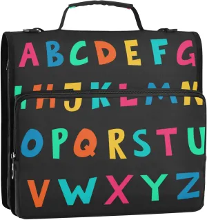 Cartoon Alphabet Letters Zipper Binder, 1.5 inch 3 Ring Binder Organizer Bag with Shoulder Strap and Handle, Multi-Pocket, 500 Sheet Capacity