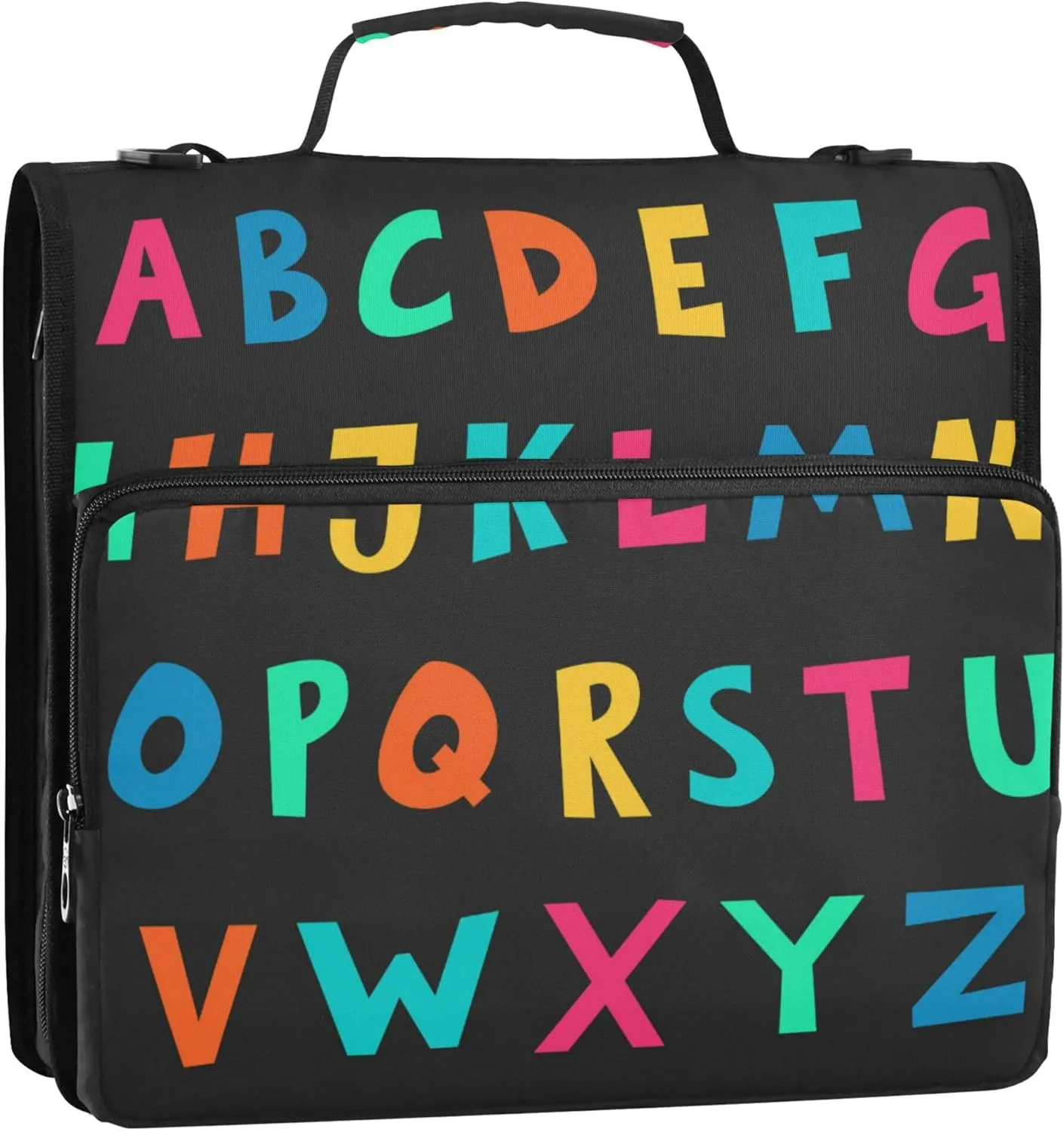 Cartoon Alphabet Letters Zipper Binder, 1.5 inch 3 Ring Binder Organizer Bag with Shoulder Strap and Handle, Multi-Pocket, 500 Sheet Capacity