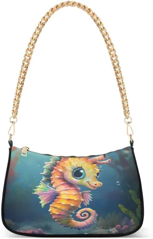 Cartoon Seahorse Coral Reef Tote Bag Hobo Handbag for Women Ladies Shoulder Bag Mini Clutch Purse with Zipper Closure