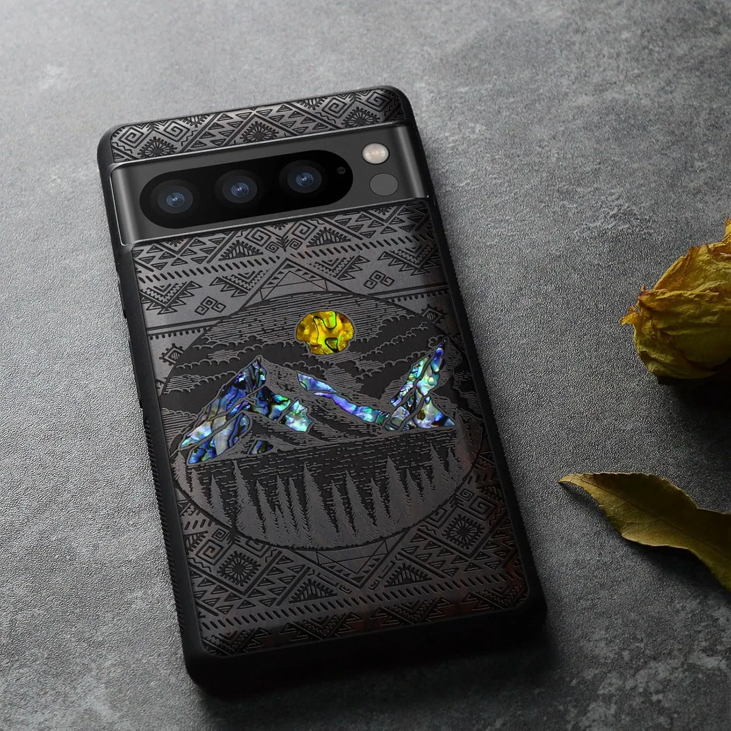 Carveit Designer Wooden Case for Google Pixel 8 Pro Case Cover [Wood Engraving & Shell Inlay] Compatible with Wireless Chargers Pixel 8 Pro (Aztec Alpine Lakes-Blackwood)