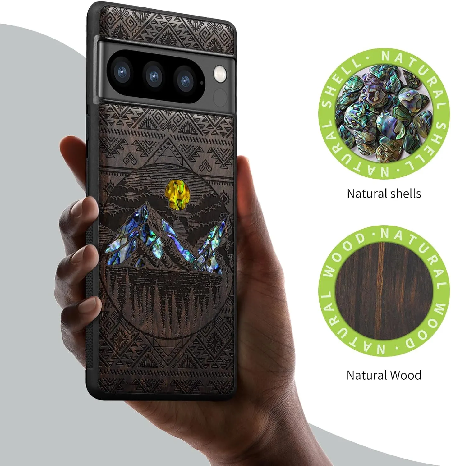 Carveit Designer Wooden Case for Google Pixel 8 Pro Case Cover [Wood Engraving & Shell Inlay] Compatible with Wireless Chargers Pixel 8 Pro (Aztec Alpine Lakes-Blackwood)