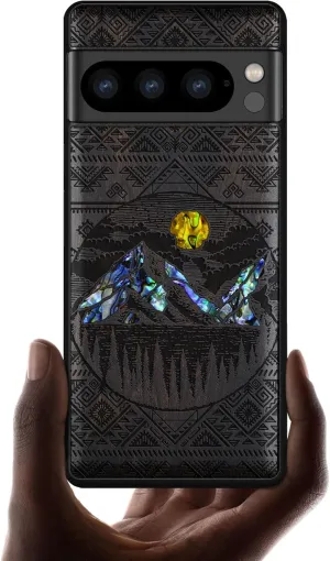 Carveit Designer Wooden Case for Google Pixel 8 Pro Case Cover [Wood Engraving & Shell Inlay] Compatible with Wireless Chargers Pixel 8 Pro (Aztec Alpine Lakes-Blackwood)
