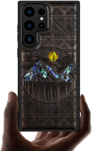 Carveit Designer Wooden Case for Samsung Galaxy S23 Ultra Cover [Wood Engraving & Shell Inlay] Compatible with Wireless Chargers S23 Ultra Case (Aztec Alpine Lakes-Blackwood)