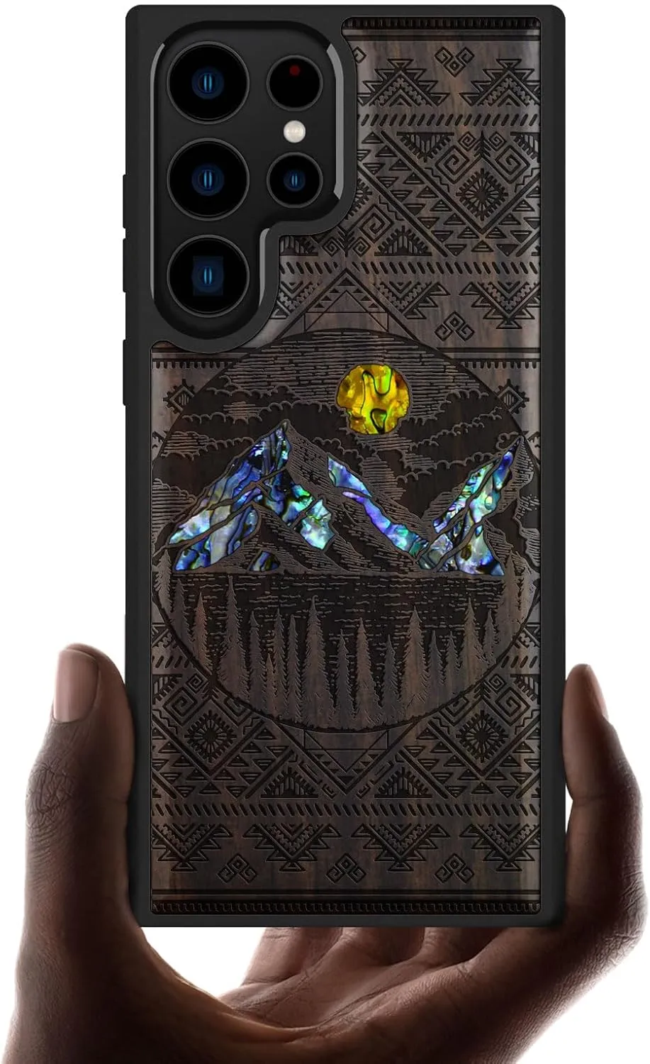Carveit Designer Wooden Case for Samsung Galaxy S23 Ultra Cover [Wood Engraving & Shell Inlay] Compatible with Wireless Chargers S23 Ultra Case (Aztec Alpine Lakes-Blackwood)