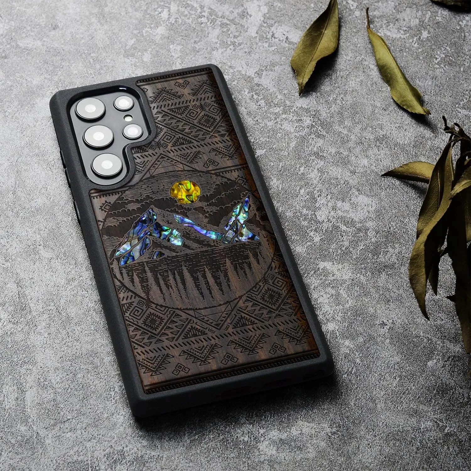 Carveit Designer Wooden Case for Samsung Galaxy S23 Ultra Cover [Wood Engraving & Shell Inlay] Compatible with Wireless Chargers S23 Ultra Case (Aztec Alpine Lakes-Blackwood)