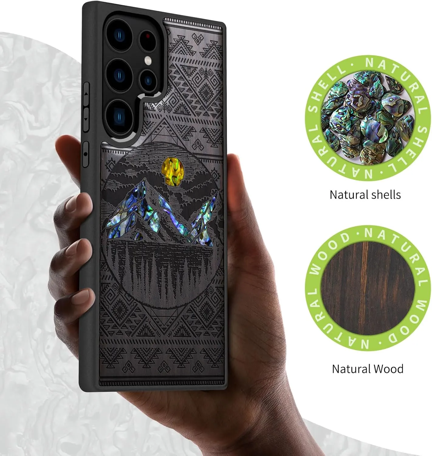 Carveit Designer Wooden Case for Samsung Galaxy S23 Ultra Cover [Wood Engraving & Shell Inlay] Compatible with Wireless Chargers S23 Ultra Case (Aztec Alpine Lakes-Blackwood)