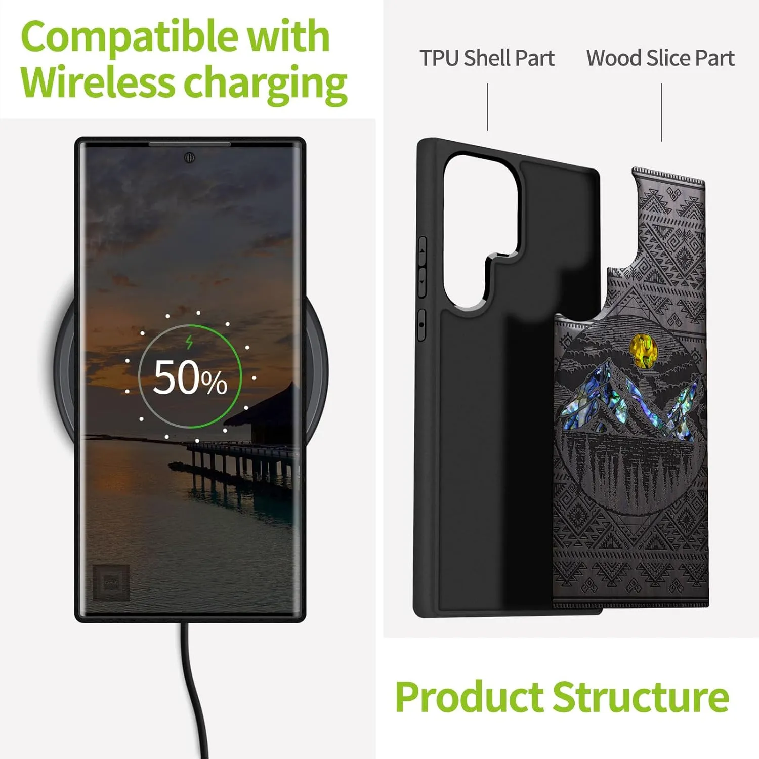 Carveit Designer Wooden Case for Samsung Galaxy S23 Ultra Cover [Wood Engraving & Shell Inlay] Compatible with Wireless Chargers S23 Ultra Case (Aztec Alpine Lakes-Blackwood)