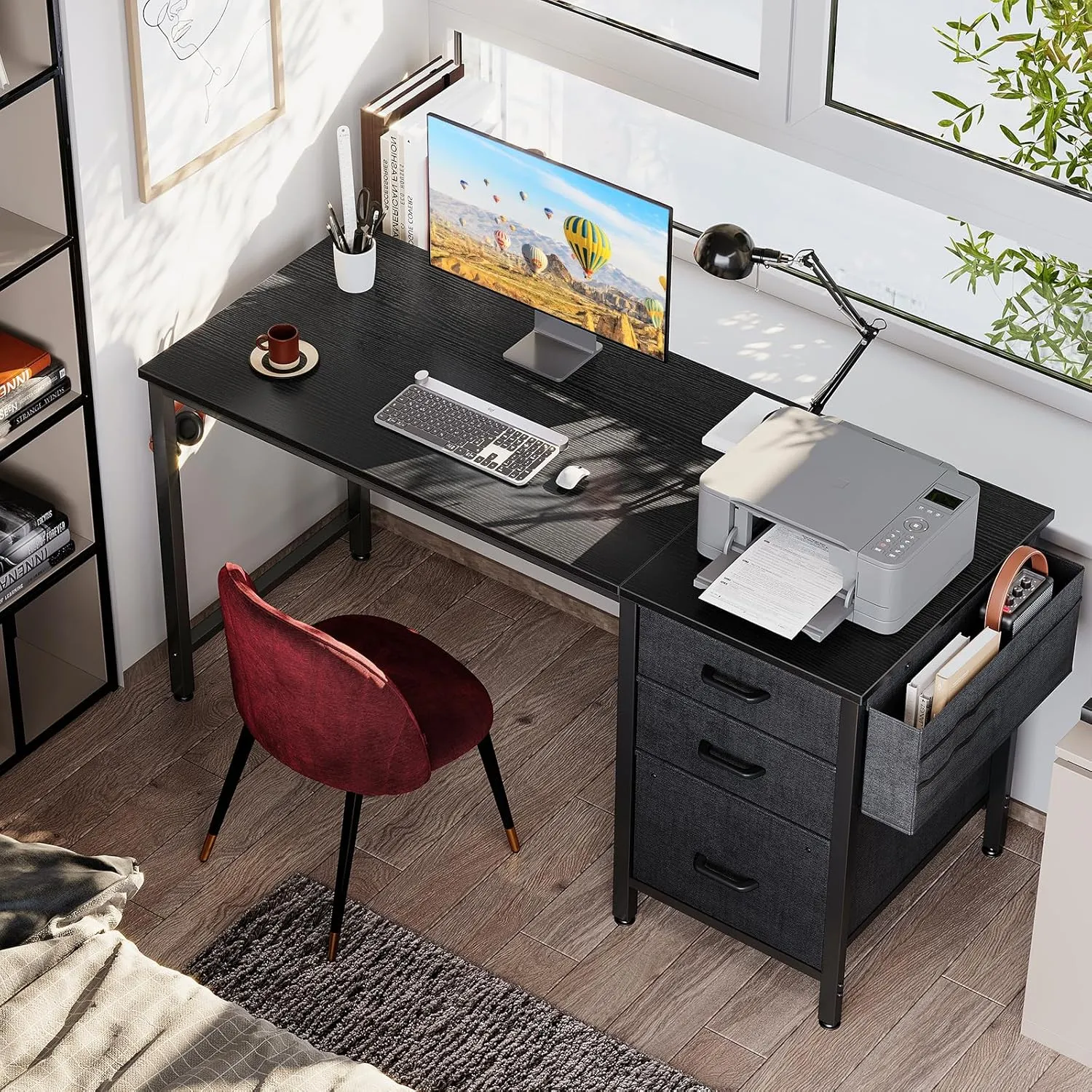 Casaottima 48-Inch Small Computer Desk with Fabric Drawers & File Cabinet, Home Office Desk with Cloth Storage Bag and Hook, Writing Study Work Table for Small Space, Vanity Desk for Bedroom, Black