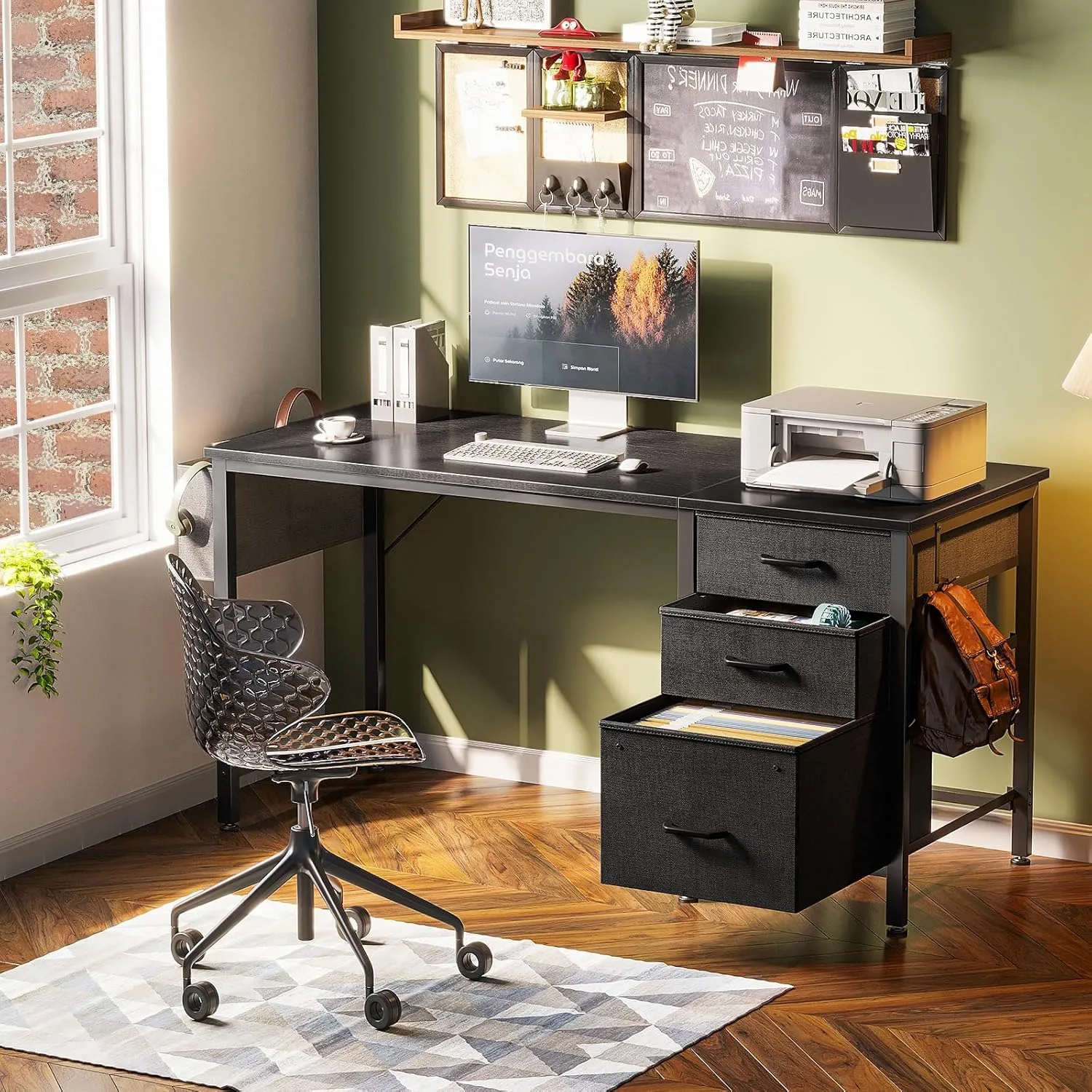 Casaottima 48-Inch Small Computer Desk with Fabric Drawers & File Cabinet, Home Office Desk with Cloth Storage Bag and Hook, Writing Study Work Table for Small Space, Vanity Desk for Bedroom, Black