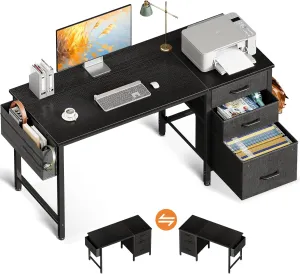Casaottima 48-Inch Small Computer Desk with Fabric Drawers & File Cabinet, Home Office Desk with Cloth Storage Bag and Hook, Writing Study Work Table for Small Space, Vanity Desk for Bedroom, Black