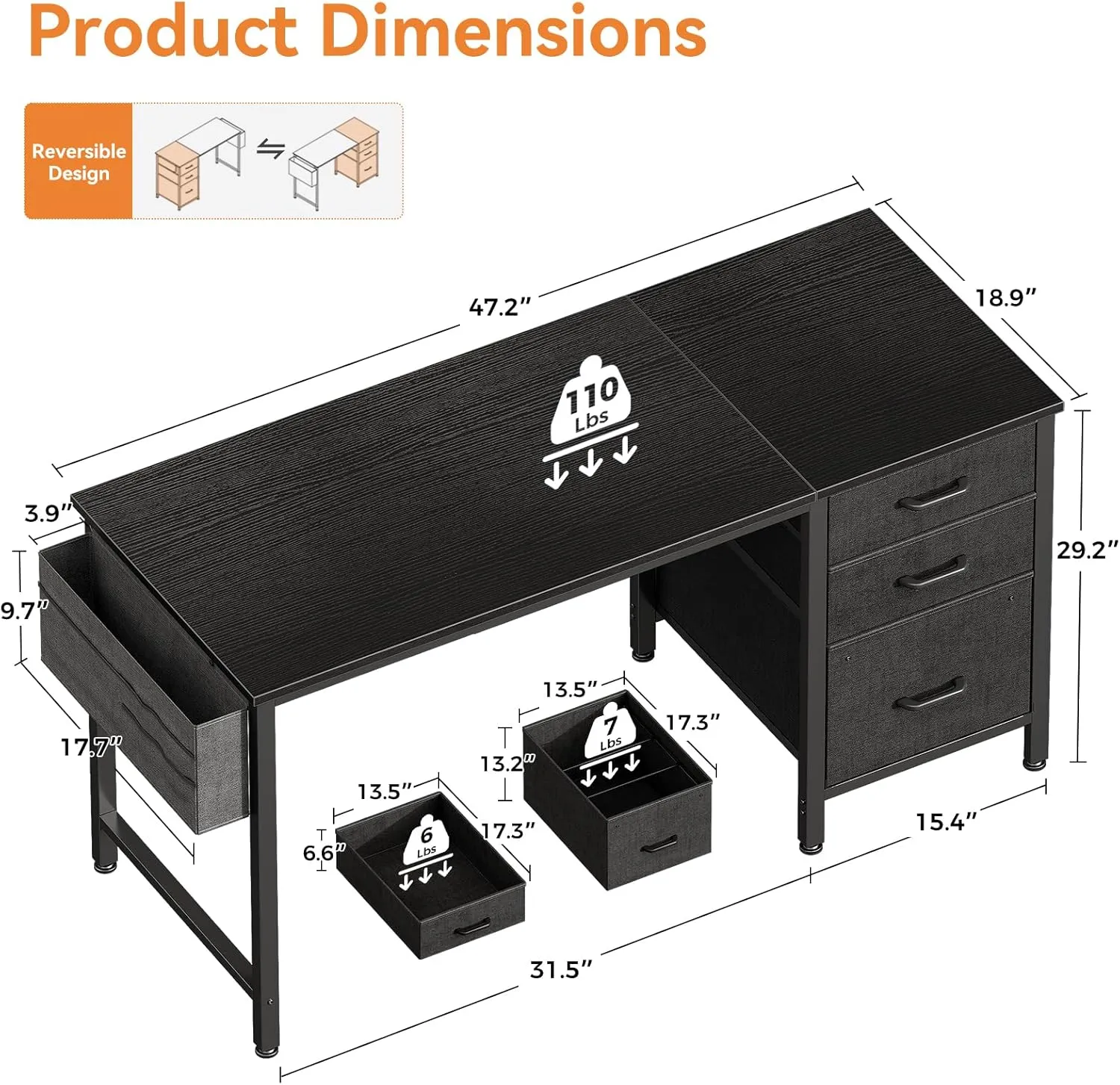 Casaottima 48-Inch Small Computer Desk with Fabric Drawers & File Cabinet, Home Office Desk with Cloth Storage Bag and Hook, Writing Study Work Table for Small Space, Vanity Desk for Bedroom, Black