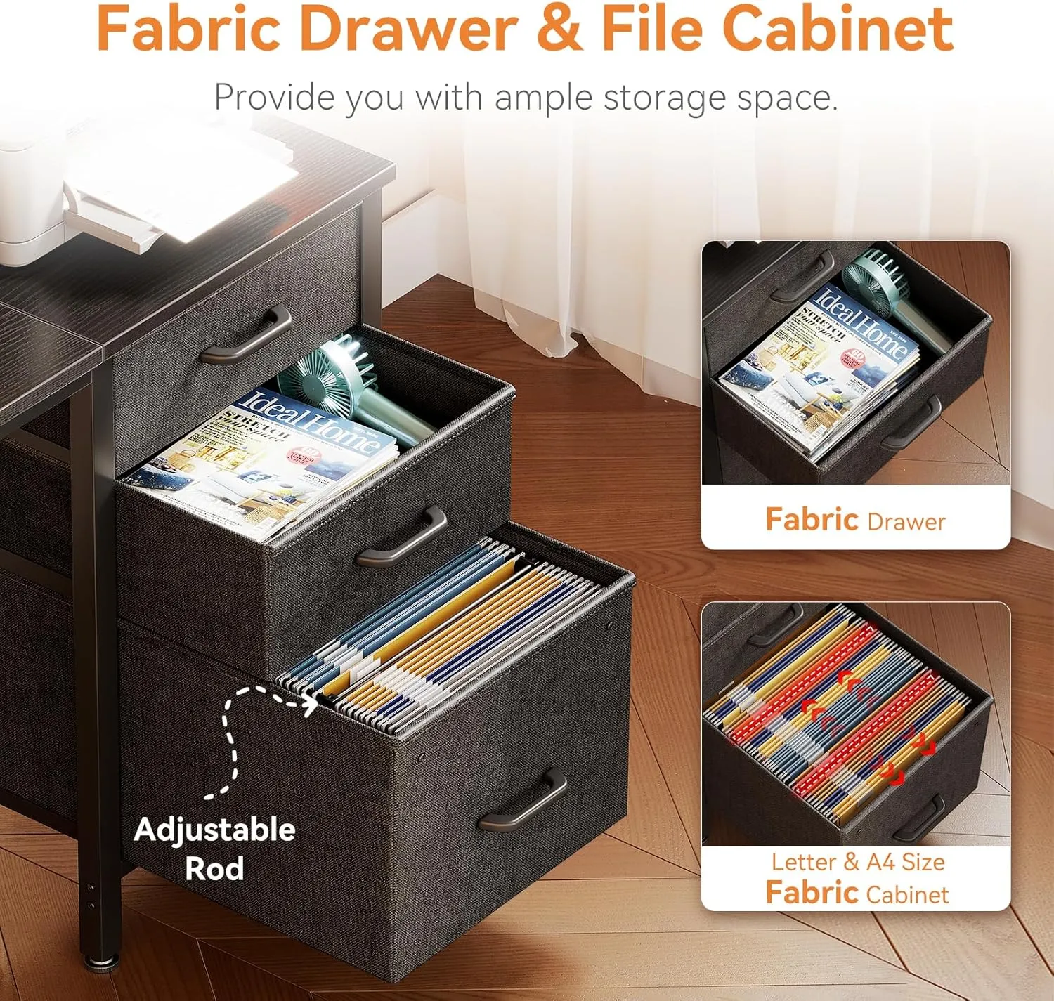 Casaottima 48-Inch Small Computer Desk with Fabric Drawers & File Cabinet, Home Office Desk with Cloth Storage Bag and Hook, Writing Study Work Table for Small Space, Vanity Desk for Bedroom, Black