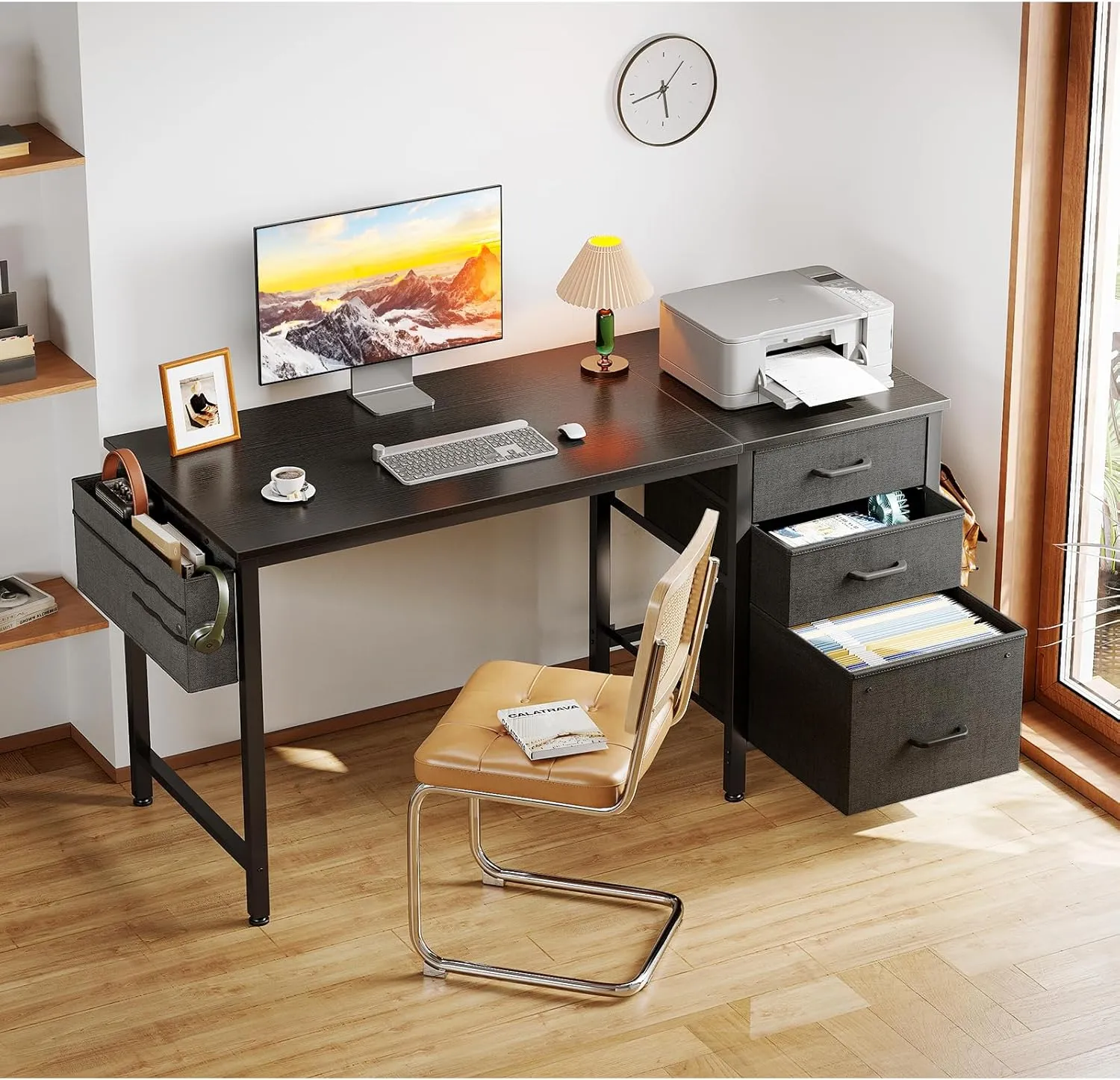 Casaottima 48-Inch Small Computer Desk with Fabric Drawers & File Cabinet, Home Office Desk with Cloth Storage Bag and Hook, Writing Study Work Table for Small Space, Vanity Desk for Bedroom, Black