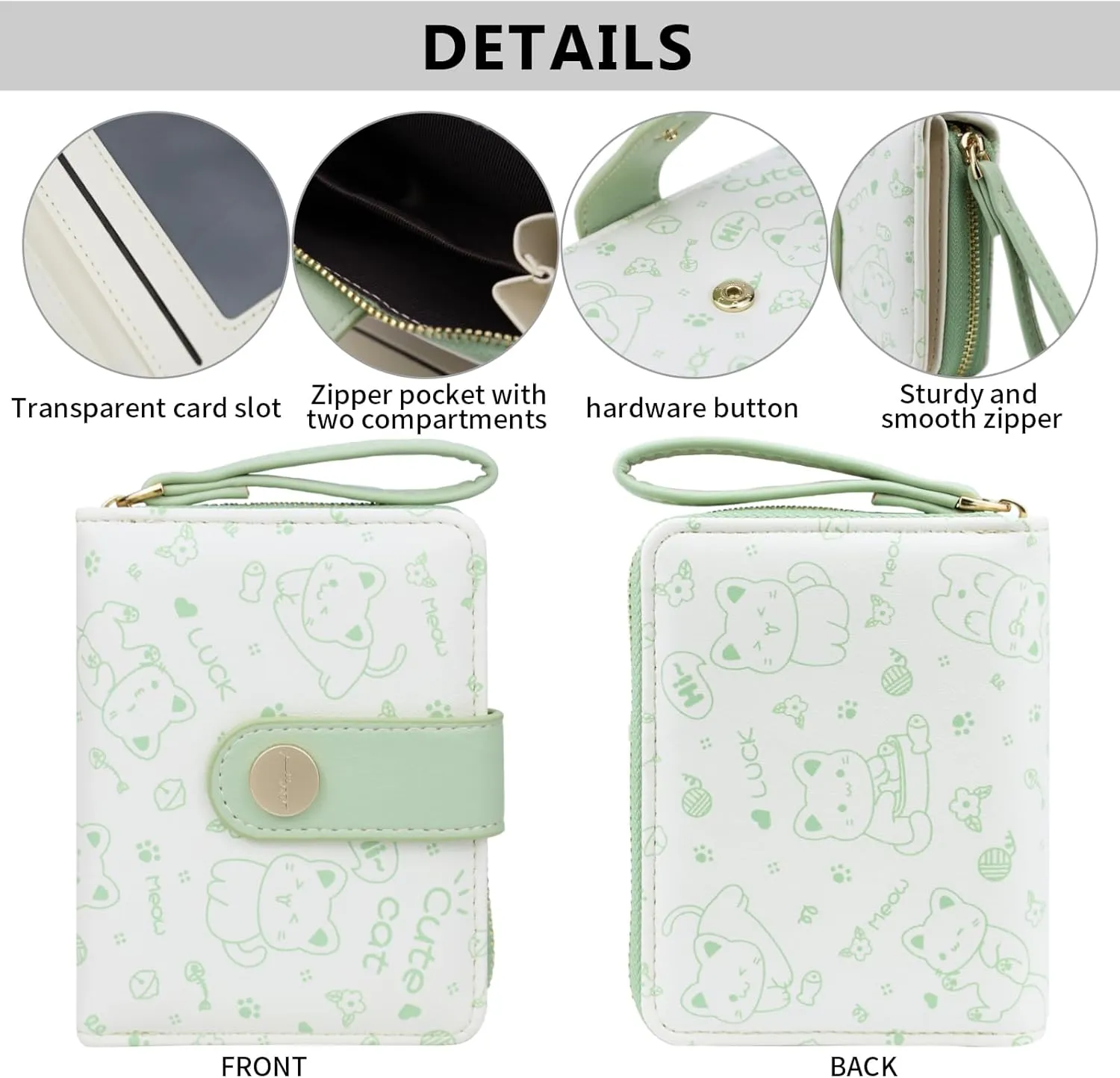 Cat Wallet Girls Green Small Cute Wallets Coin Purse Minimalist Cat Design Women's Travel Wallets Leather Credit Card Holder with ID Window Kawaii Cash Wallet for Women Ladies and Girls
