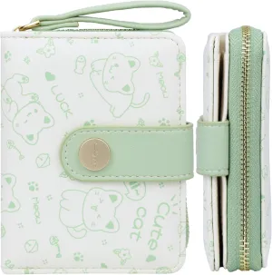 Cat Wallet Girls Green Small Cute Wallets Coin Purse Minimalist Cat Design Women's Travel Wallets Leather Credit Card Holder with ID Window Kawaii Cash Wallet for Women Ladies and Girls