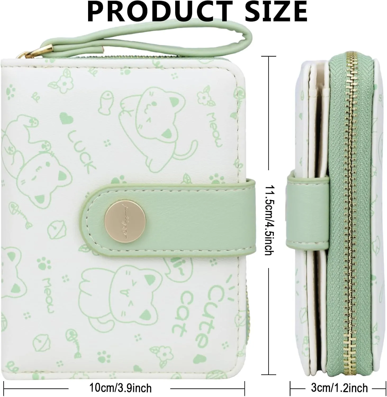 Cat Wallet Girls Green Small Cute Wallets Coin Purse Minimalist Cat Design Women's Travel Wallets Leather Credit Card Holder with ID Window Kawaii Cash Wallet for Women Ladies and Girls