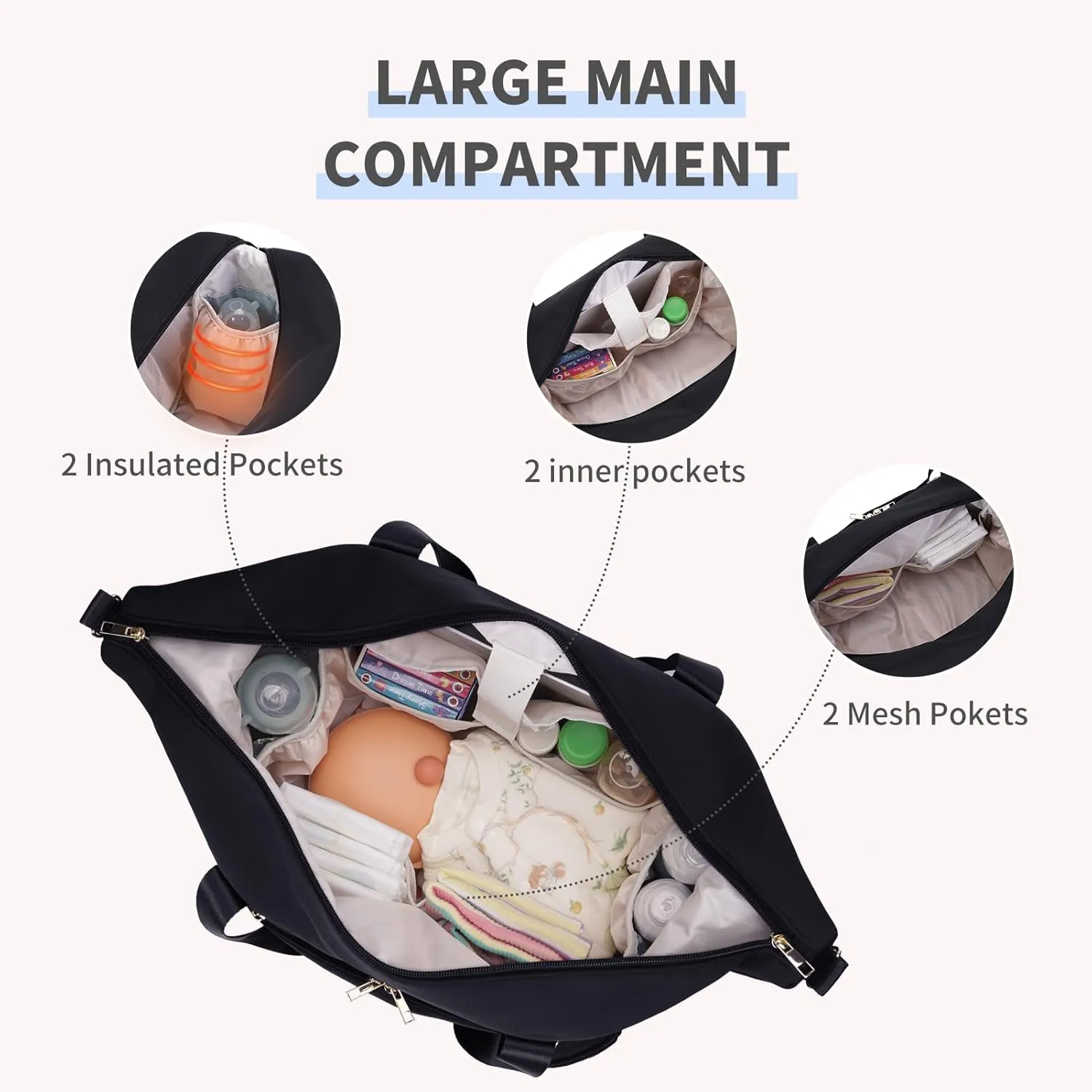 CEI-CEI Diaper Bag Tote Large Neoprene Maternity Hospital Bag for Labor and Delivery Waterproof Travel Baby Bag for Mom and Dad with Pacifier Case Changing Pad and Stroller Straps (Black)