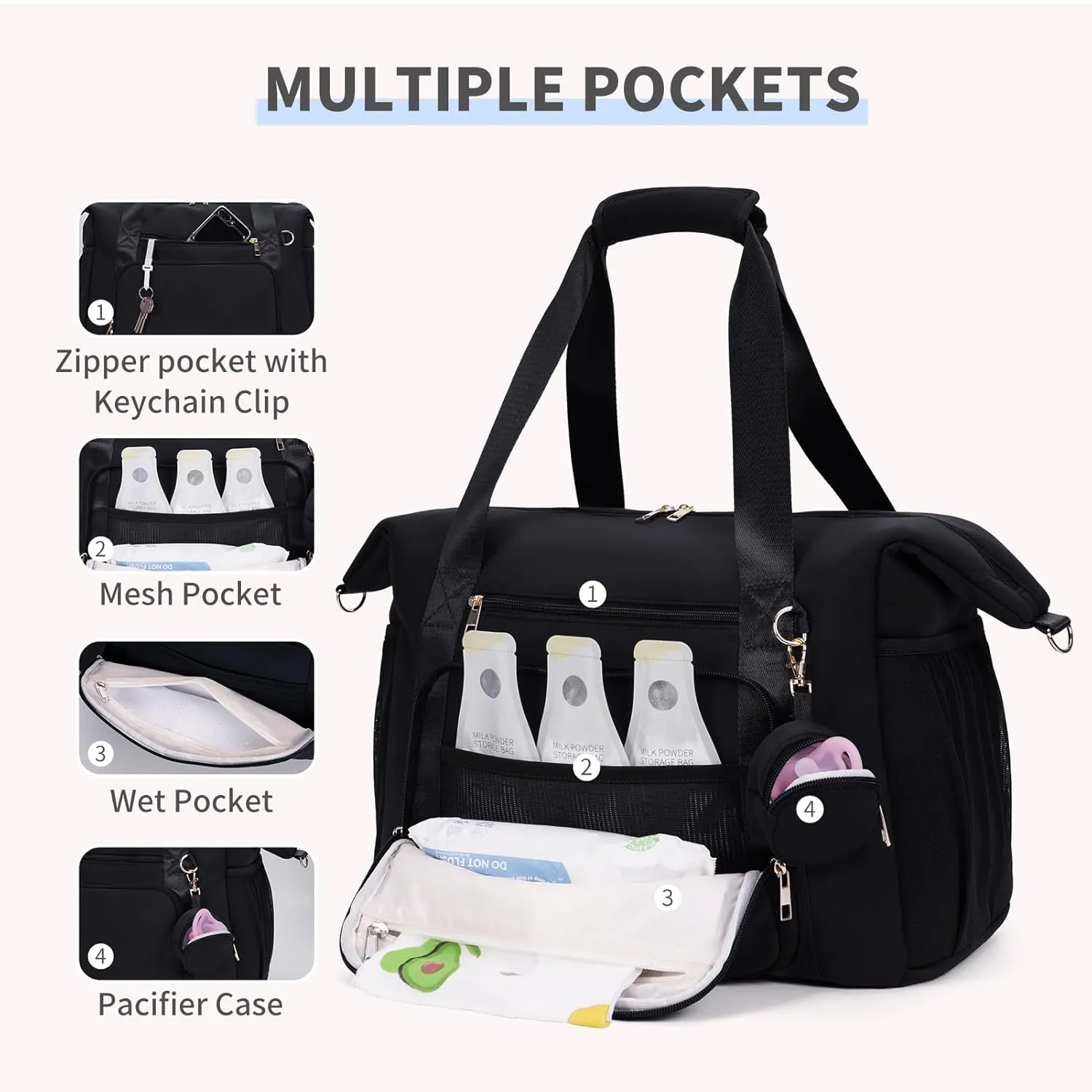 CEI-CEI Diaper Bag Tote Large Neoprene Maternity Hospital Bag for Labor and Delivery Waterproof Travel Baby Bag for Mom and Dad with Pacifier Case Changing Pad and Stroller Straps (Black)