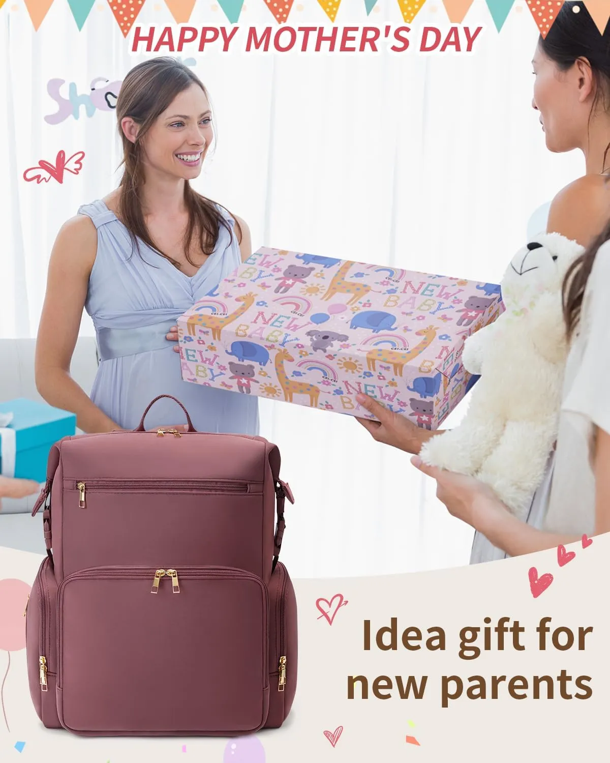 CEI-CEI Neoprene Diaper Bag Backpack with Changing Pad, Large Newborn Baby Maternity Bags Travel Tote with Insulated Pockets Mother‘s Day Gift (Pink)