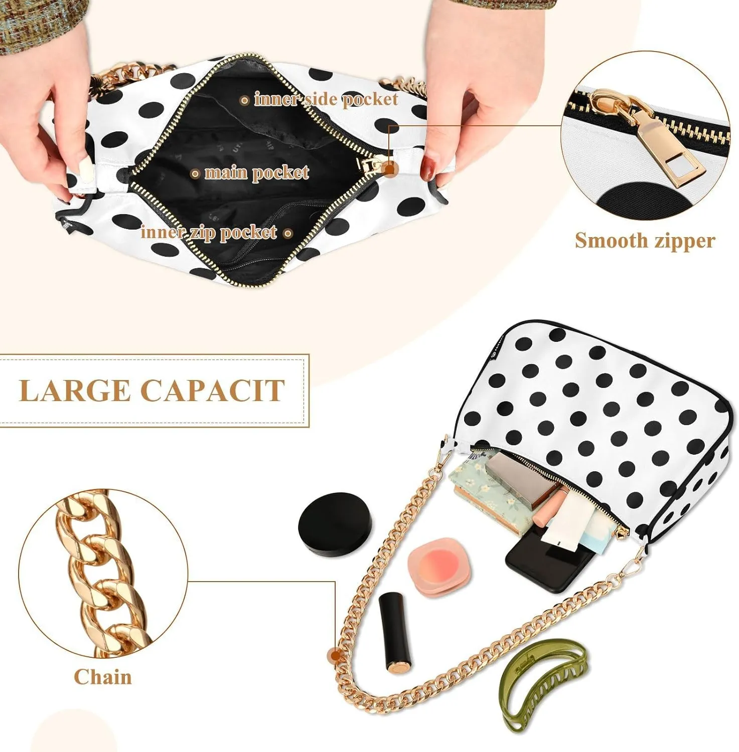 Chain Shoulder Bag Hobo Tote Handbag Mini Clutch Purse with Zipper Closure for Women