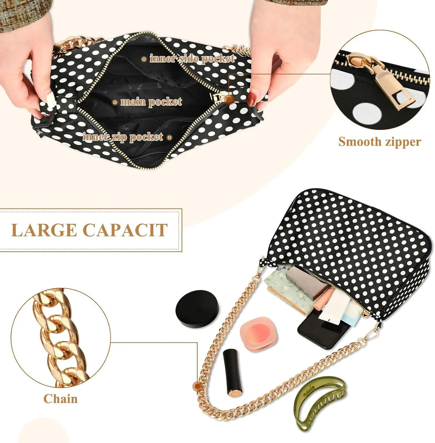 Chain Shoulder Bag Hobo Tote Handbag Mini Clutch Purse with Zipper Closure for Women