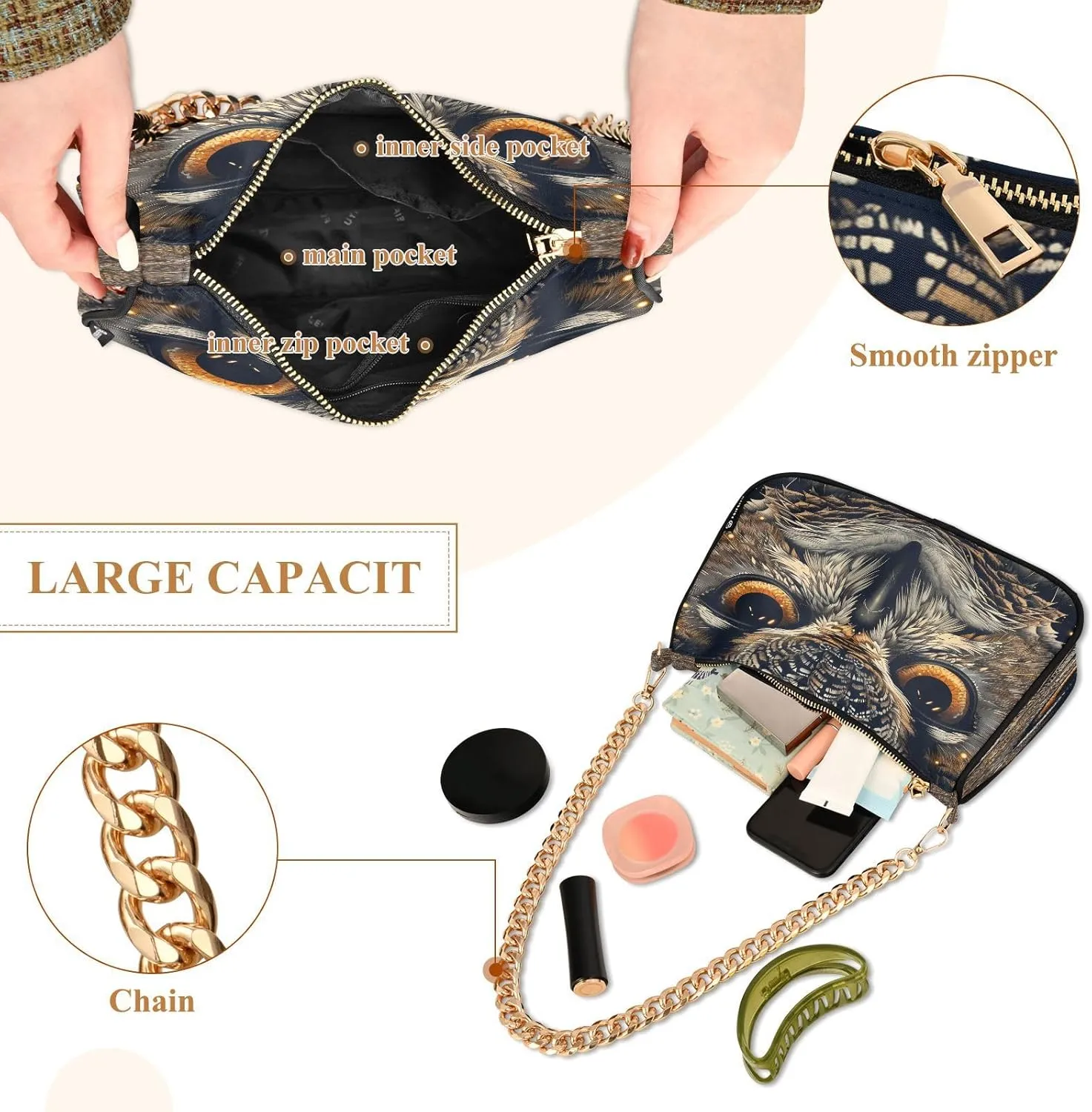 Chain Shoulder Bag Hobo Tote Handbag Mini Clutch Purse with Zipper Closure for Women