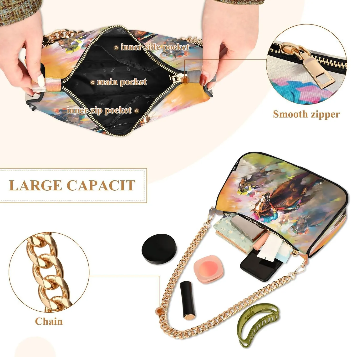 Chain Shoulder Bag Hobo Tote Handbag Mini Clutch Purse with Zipper Closure for Women