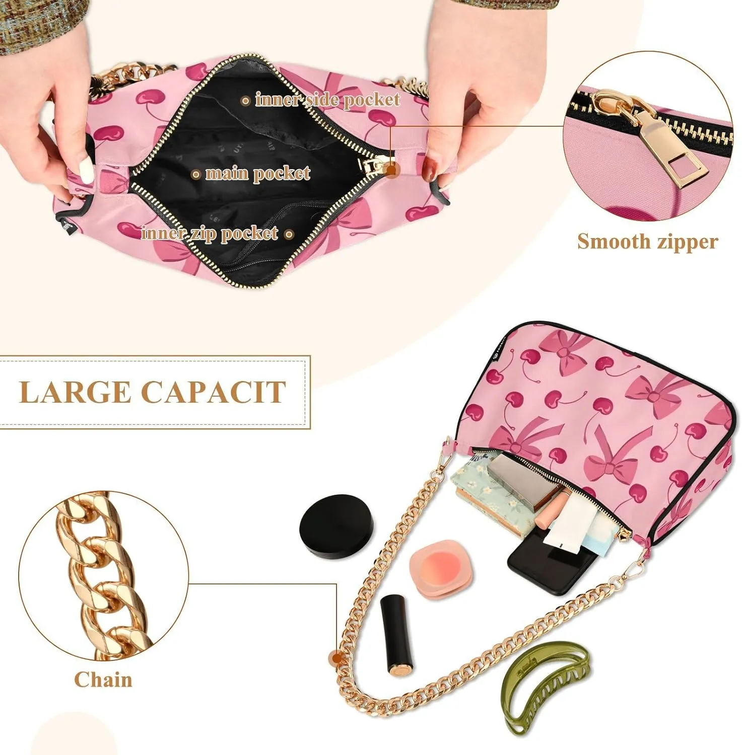 Chain Shoulder Bag Hobo Tote Handbag Mini Clutch Purse with Zipper Closure for Women