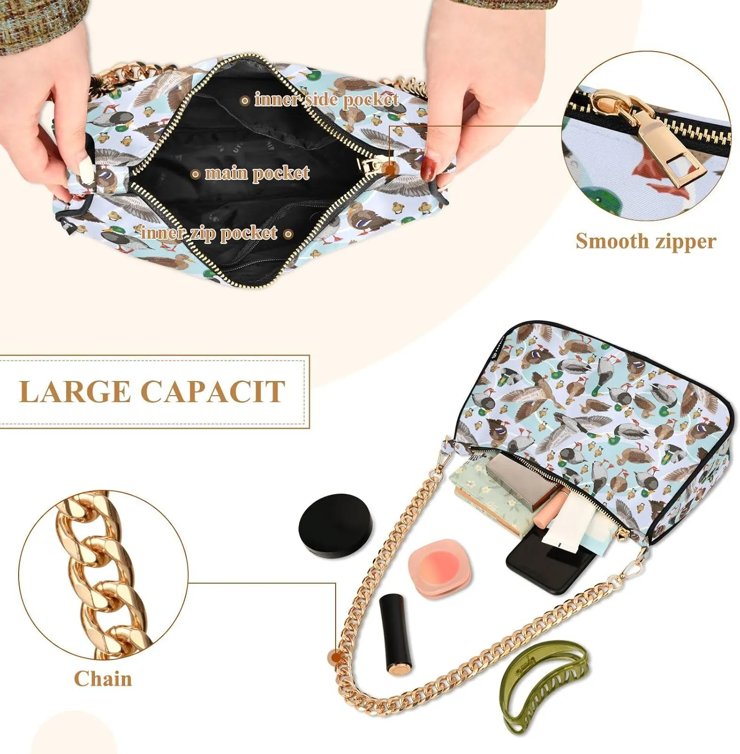 Chain Shoulder Bag Hobo Tote Handbag Mini Clutch Purse with Zipper Closure for Women