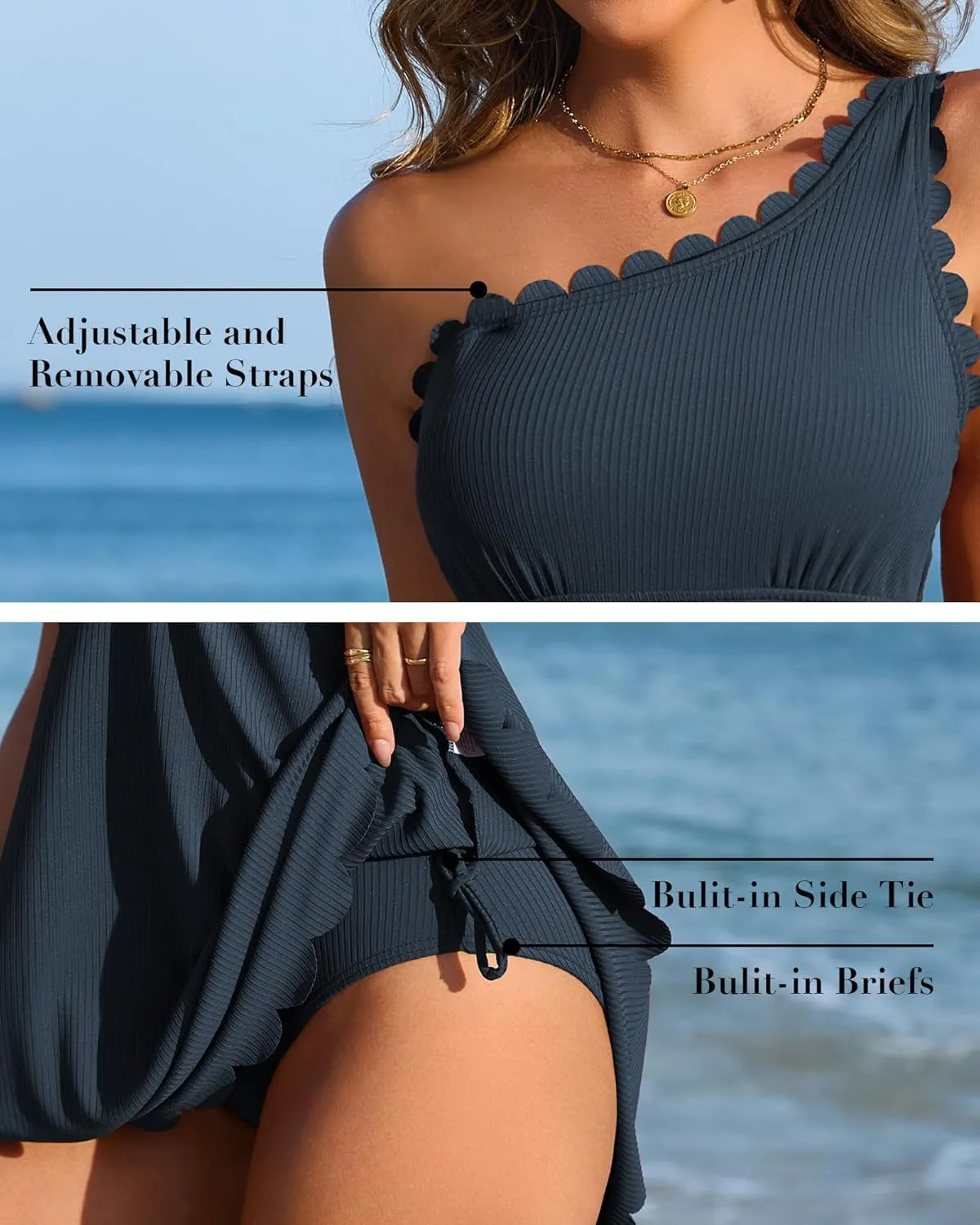 Charmo Ribbed One Shoulder Swim Dress Scalloped Tummy Control Swimsuits for Women Swimwear Built-in Side Tie and Briefs