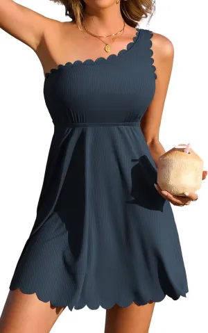Charmo Ribbed One Shoulder Swim Dress Scalloped Tummy Control Swimsuits for Women Swimwear Built-in Side Tie and Briefs