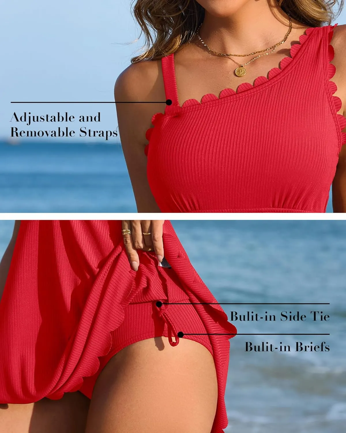 Charmo Ribbed One Shoulder Swim Dress Scalloped Tummy Control Swimsuits for Women Swimwear Built-in Side Tie and Briefs