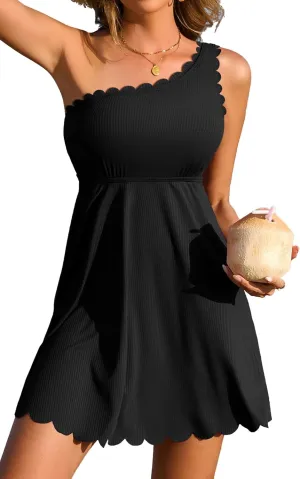 Charmo Ribbed One Shoulder Swim Dress Scalloped Tummy Control Swimsuits for Women Swimwear Built-in Side Tie and Briefs
