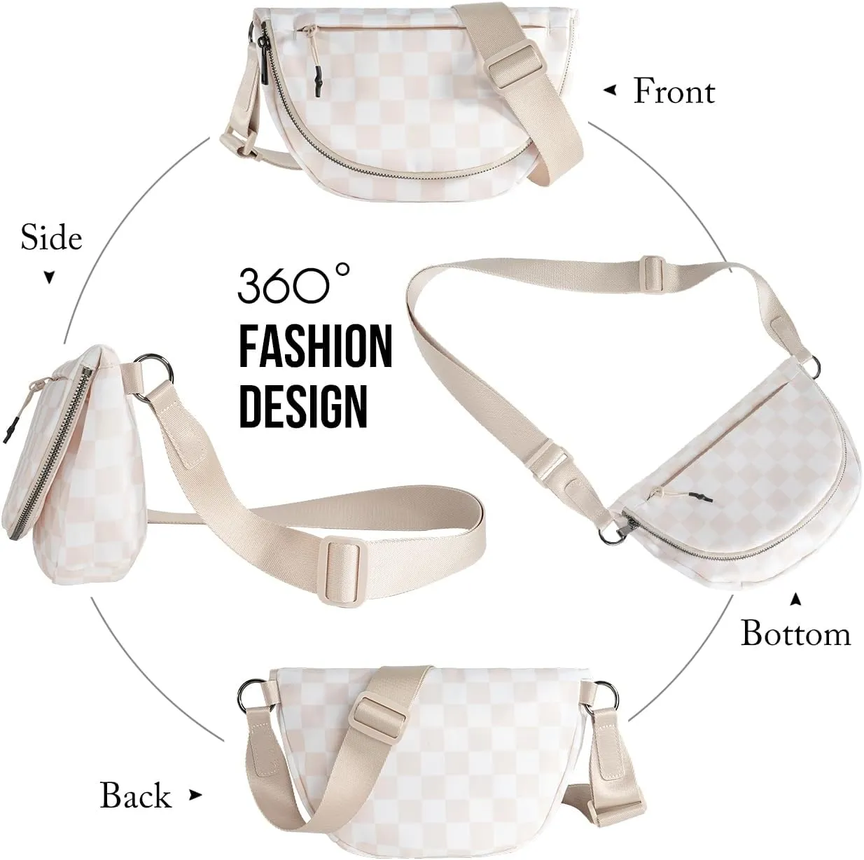 Checkered Crossbody Messenger Bag, Black and White Pattern, Adjustable Shoulder Strap