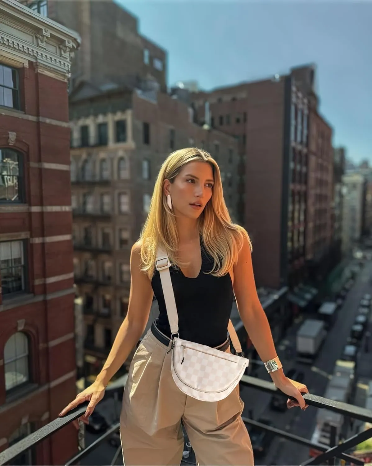 Checkered Crossbody Messenger Bag, Black and White Pattern, Adjustable Shoulder Strap