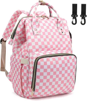 Checkered Pink Baby Diaper Bag Backpack for Women, Large Capacity Waterproof Maternity Travel Nappy Backpacks with Stroller Straps