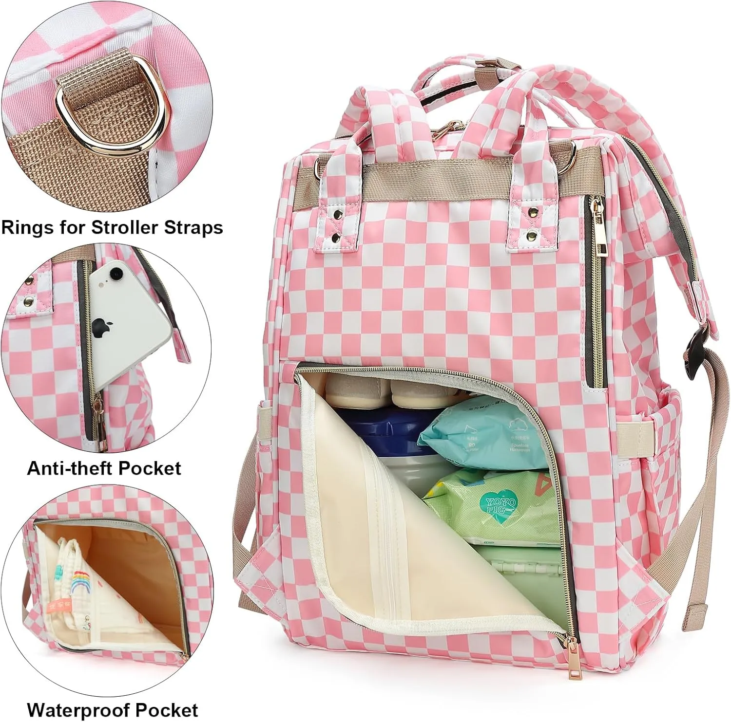 Checkered Pink Baby Diaper Bag Backpack for Women, Large Capacity Waterproof Maternity Travel Nappy Backpacks with Stroller Straps