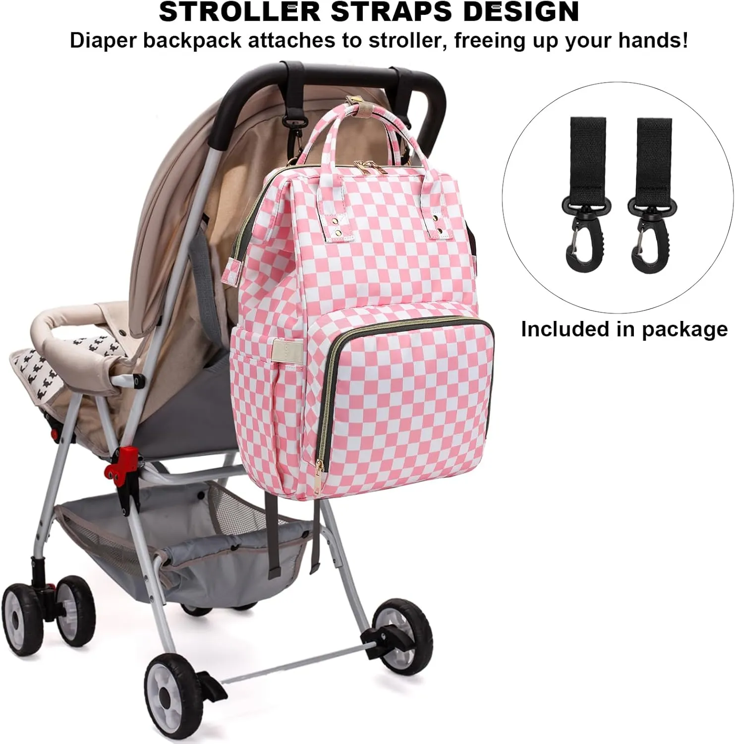 Checkered Pink Baby Diaper Bag Backpack for Women, Large Capacity Waterproof Maternity Travel Nappy Backpacks with Stroller Straps