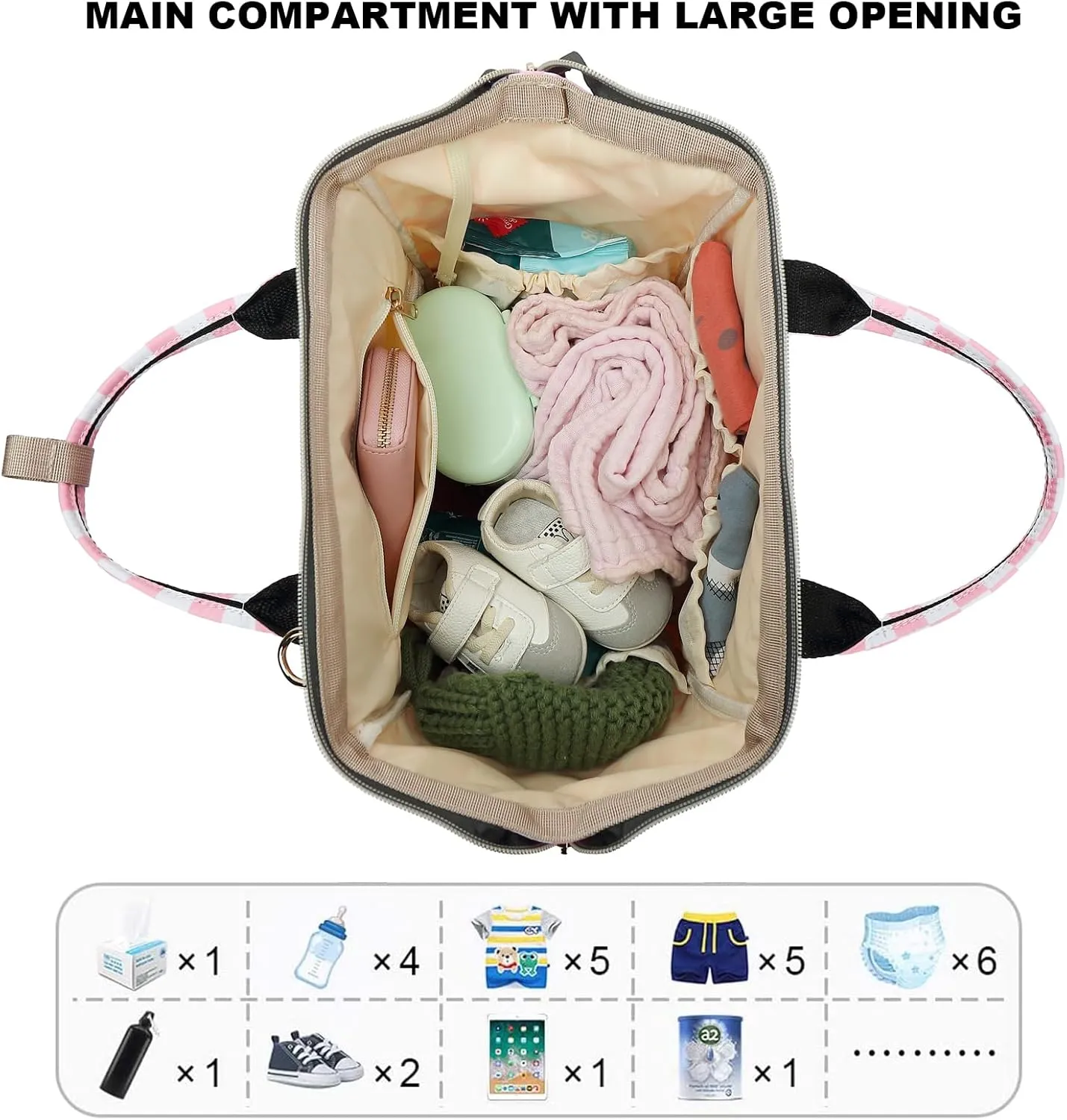 Checkered Pink Baby Diaper Bag Backpack for Women, Large Capacity Waterproof Maternity Travel Nappy Backpacks with Stroller Straps