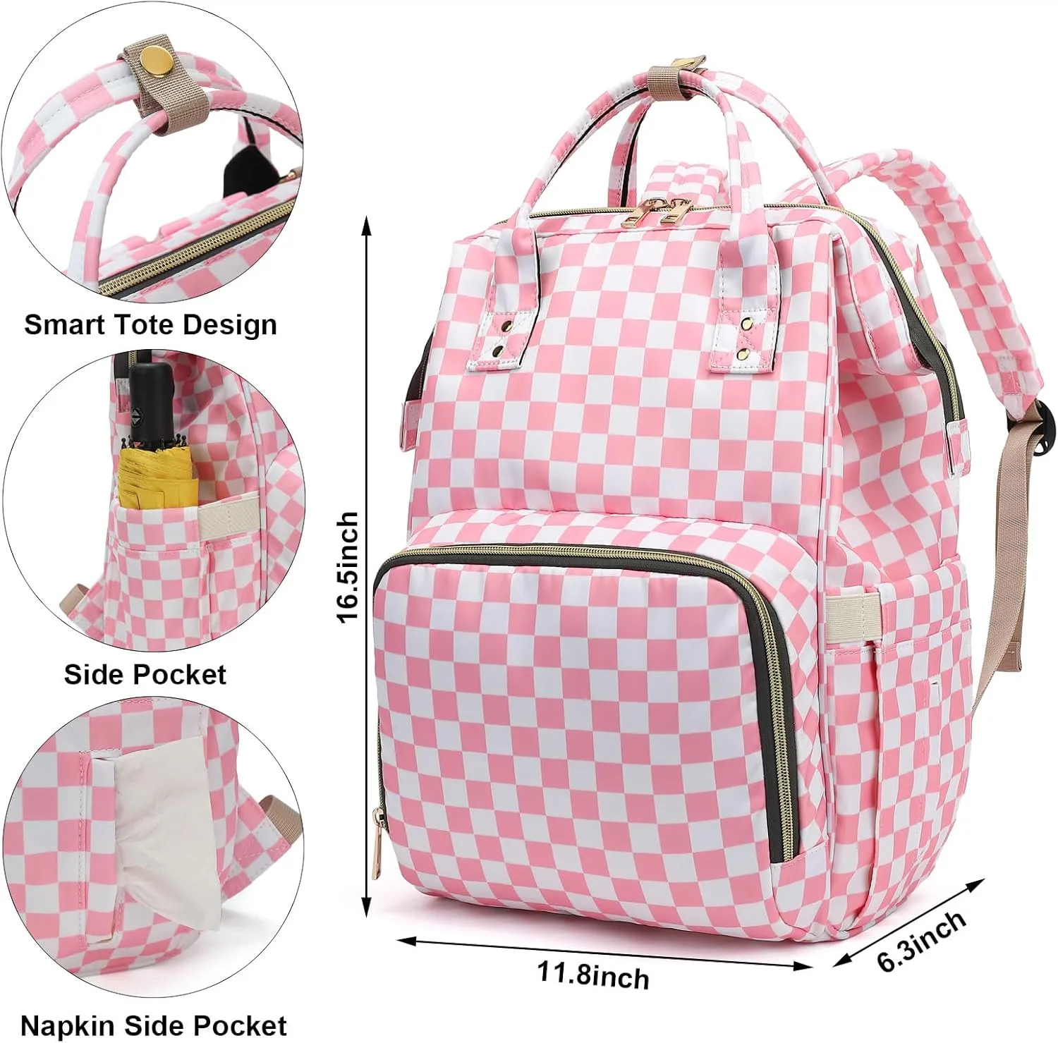 Checkered Pink Baby Diaper Bag Backpack for Women, Large Capacity Waterproof Maternity Travel Nappy Backpacks with Stroller Straps