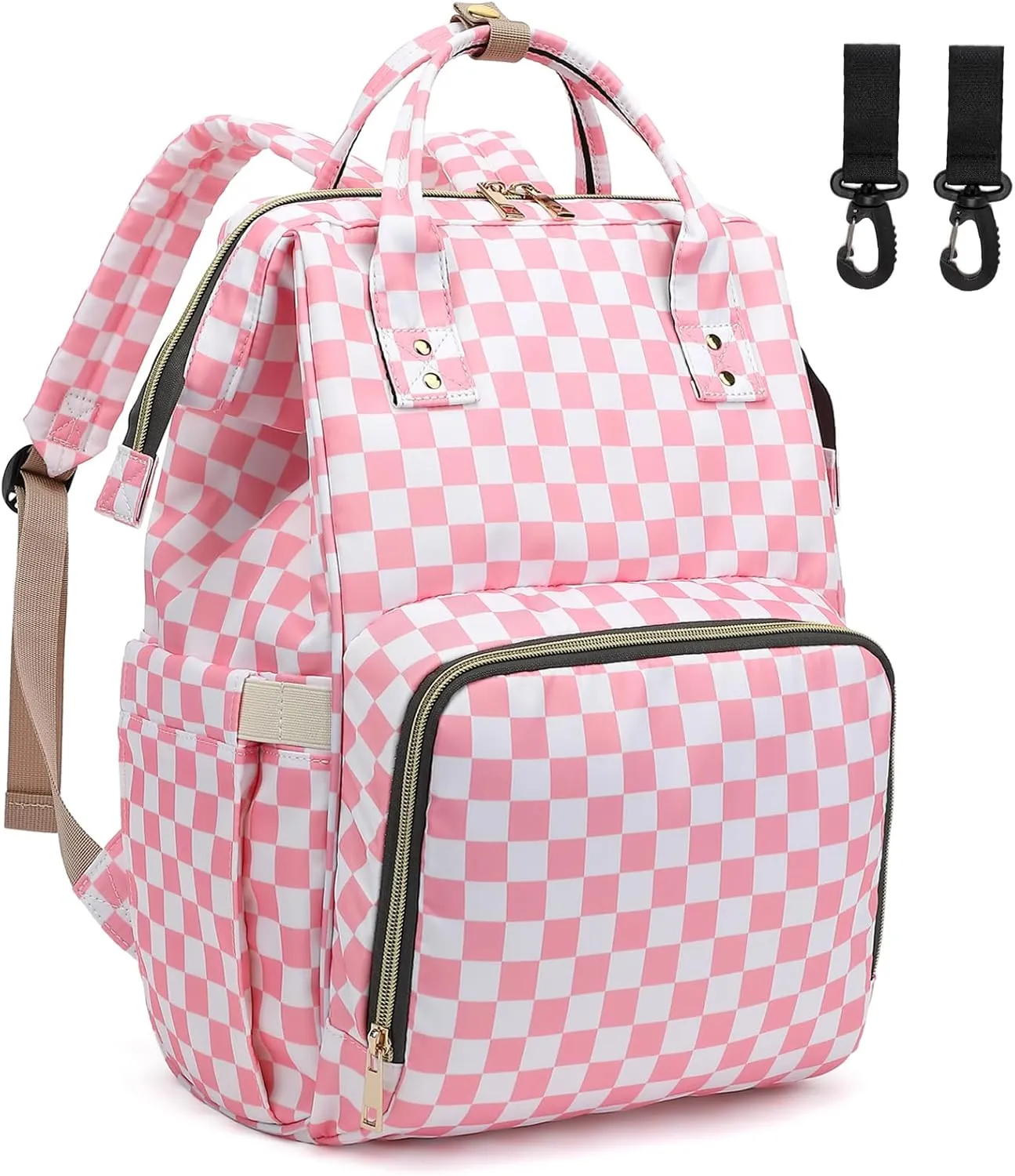 Checkered Pink Baby Diaper Bag Backpack for Women, Large Capacity Waterproof Maternity Travel Nappy Backpacks with Stroller Straps