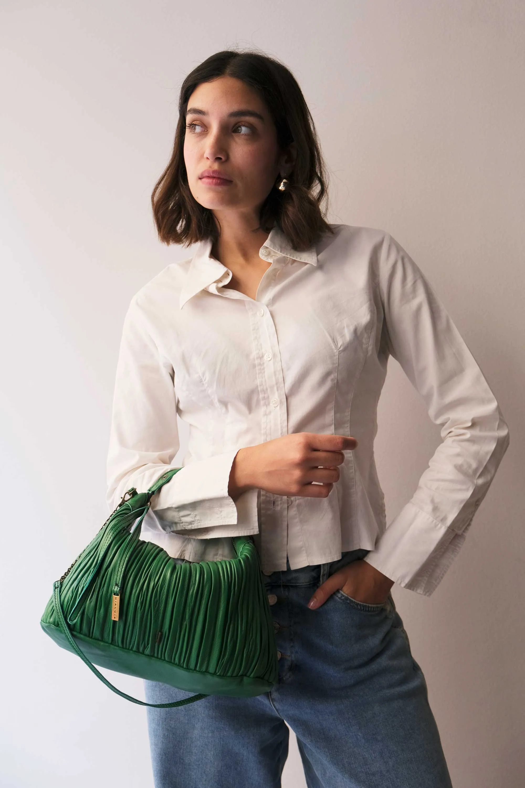 Chicca Media hobo bag in emerald pleated leather - Made in Italy -