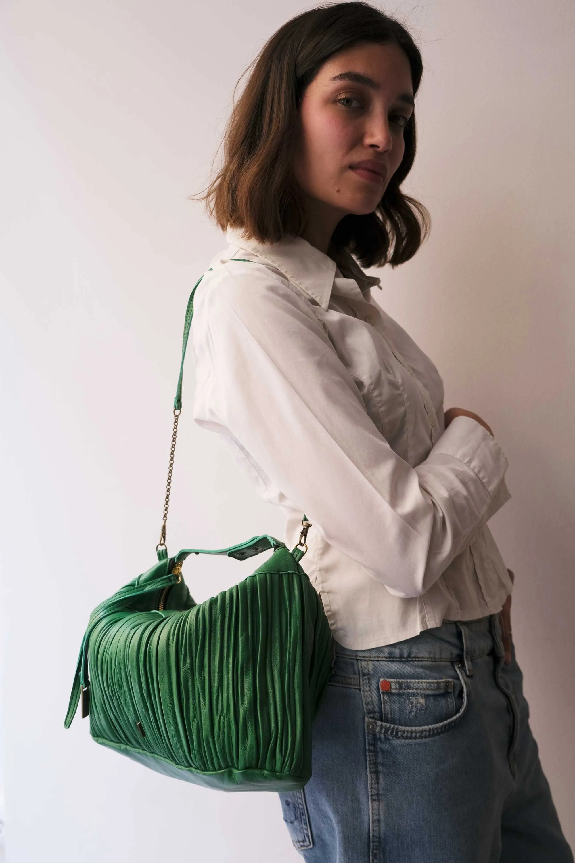 Chicca Media hobo bag in emerald pleated leather - Made in Italy -