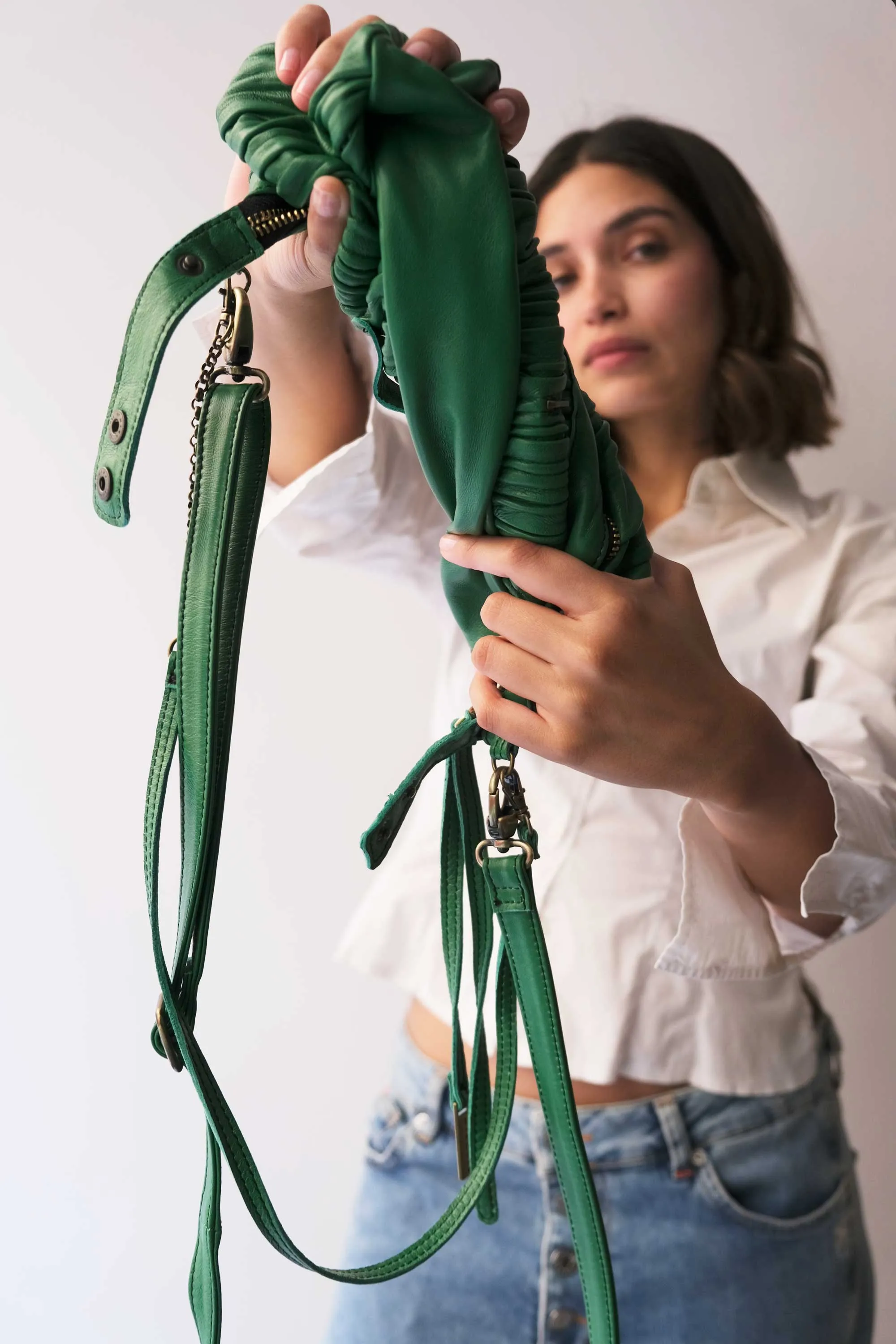 Chicca Media hobo bag in emerald pleated leather - Made in Italy -