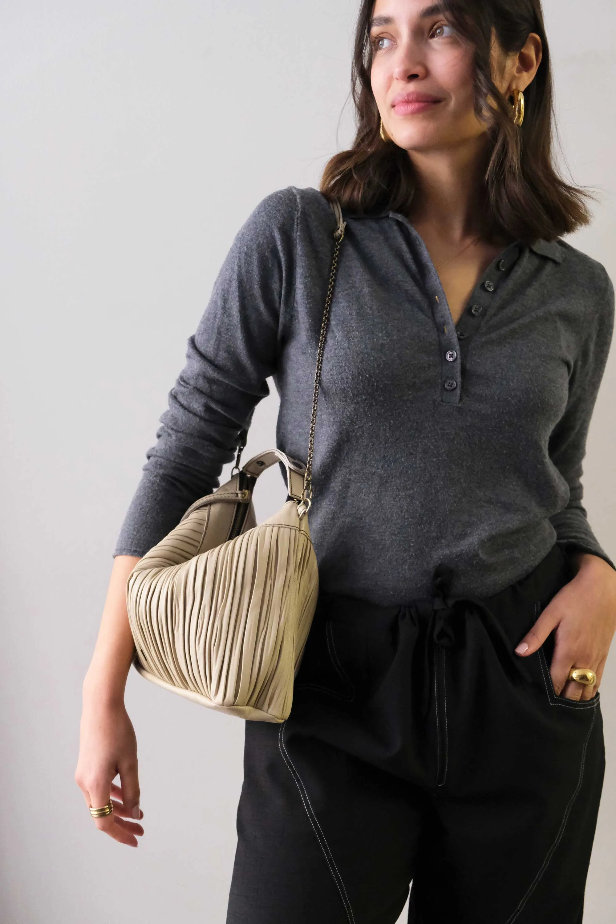Chicca Media hobo bag in sand pleated leather - Made in Italy -