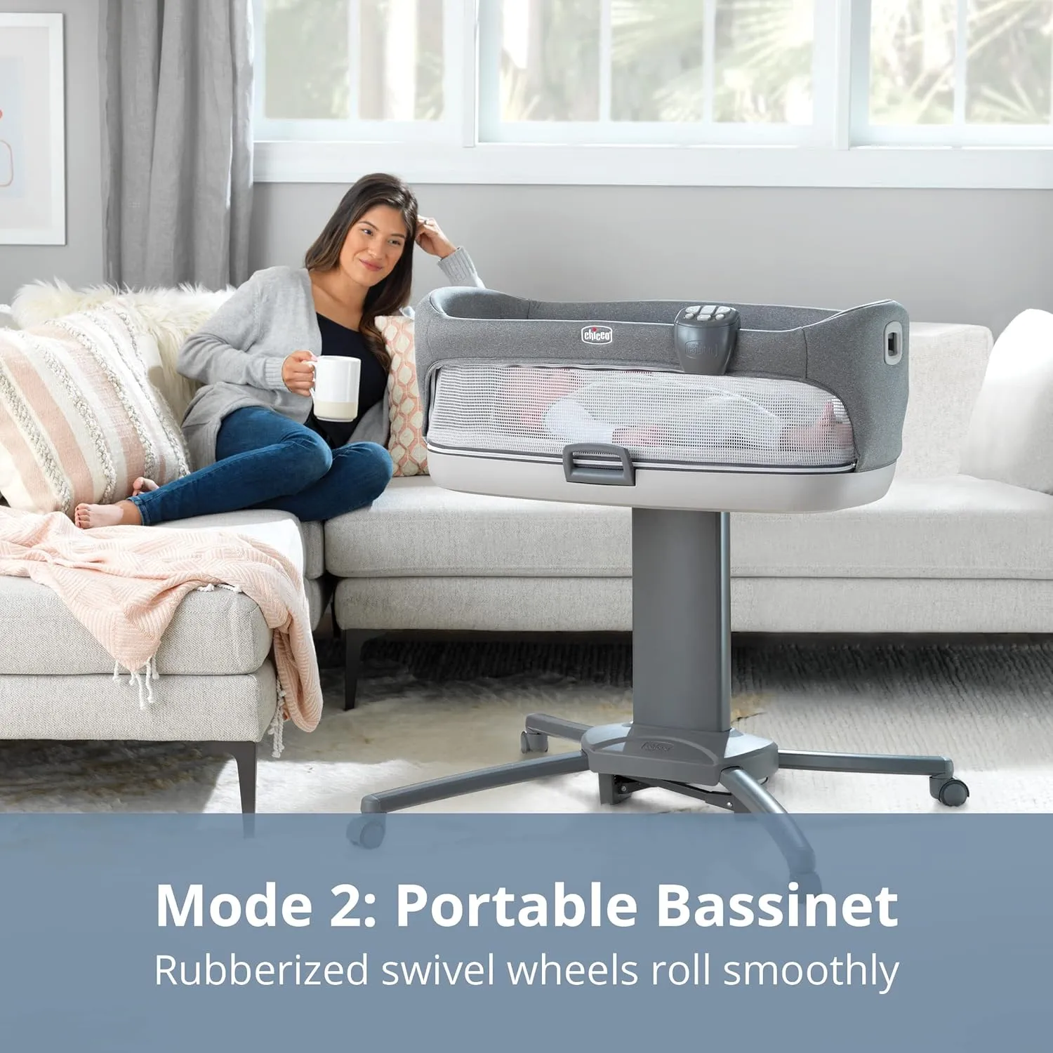 Chicco Close to You 3-in-1 Bedside Bassinet, Portable Newborn Bassinet with Wheels, Adjustable-Height Changing Table | Heather Grey/Grey